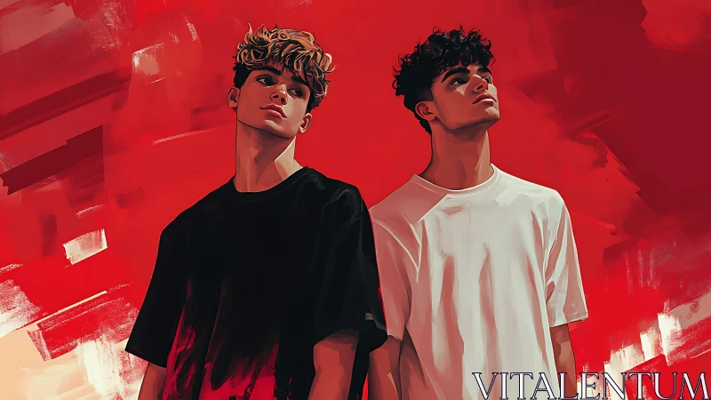 Two young men stand apart against a bold red haze