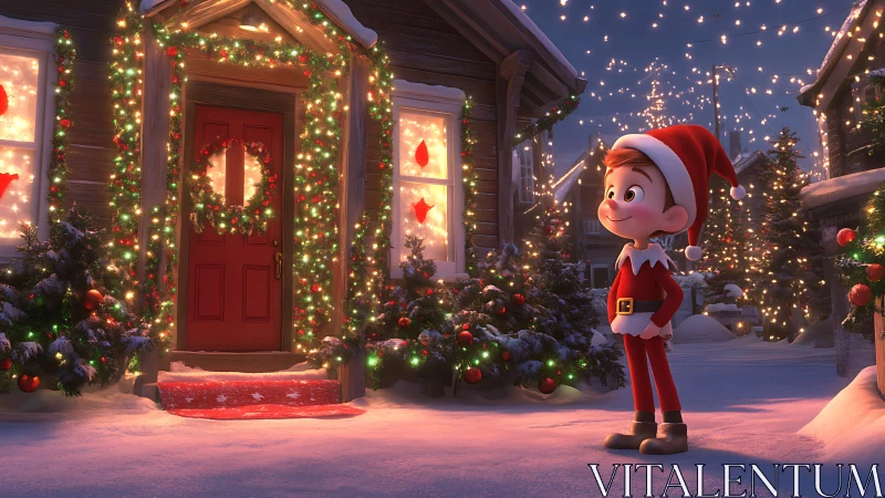 Cartoon elf observes warmly lit, festively decorated doorway
