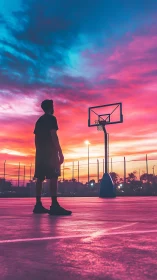 Basketball player stands on outdoor court beneath vivid sunset