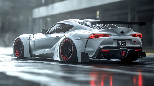 Widebody Toyota Supra dominates a slick urban streetscape.