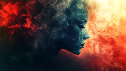 Dreamy profile in swirling red and gold cosmic smoke.