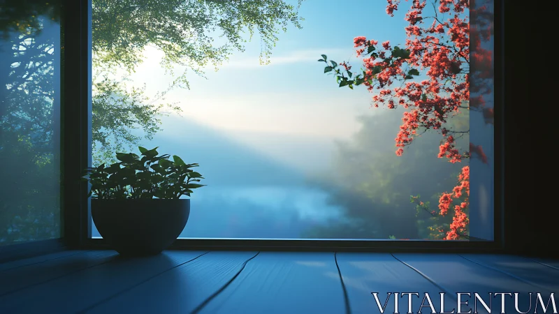Potted plant on window ledge facing misty landscape view.
