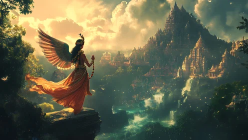 Winged robed figure overlooking terraced temple landscape.