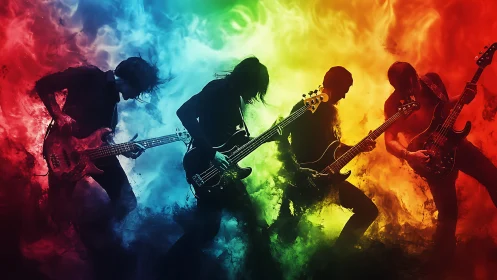 Silhouetted rock guitarists against multi-color flame nebula