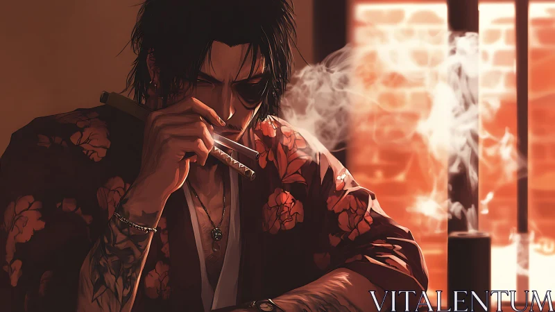 Brooding swordsman smokes in warm, smoke‑filled light.