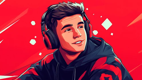 Stylized male gamer portrait with headphones on red field.