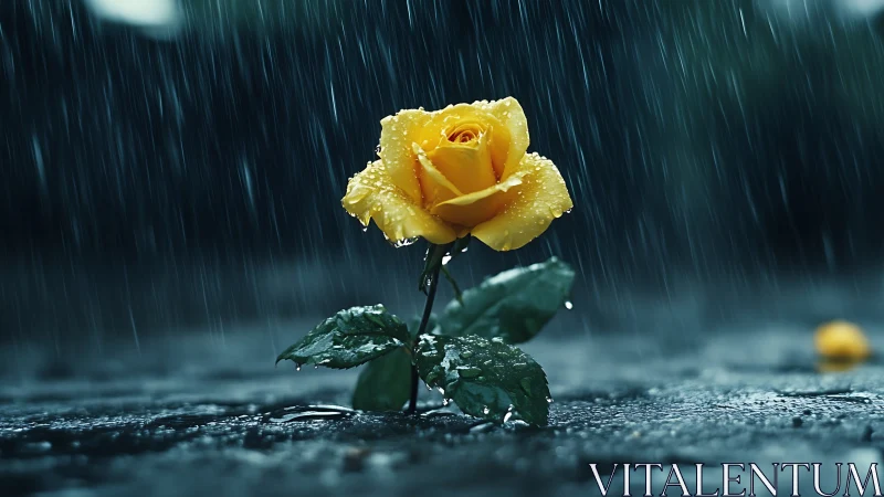 Yellow rose macro in heavy rainfall on reflective asphalt