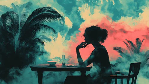 Silhouetted diner framed by neon tropical vapor clouds.