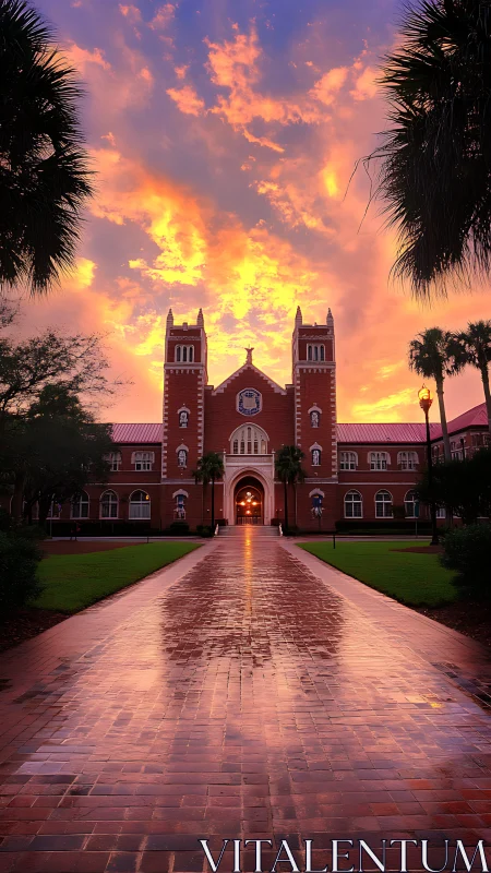 Sunset glow over historic brick campus hall façade.