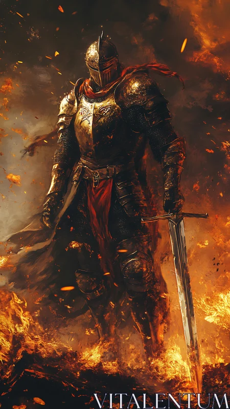 Armored knight stands in blazing battlefield of swirling fire