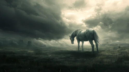 Solitary white horse rendered in moody atmospheric digital chiaroscuro