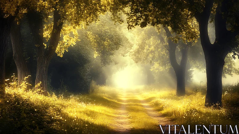Golden forest pathway illuminated by warm light through canopy.