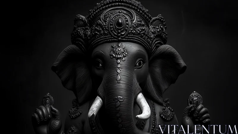 Monochrome 3D Ganesh bust with ornate high-relief detailing.