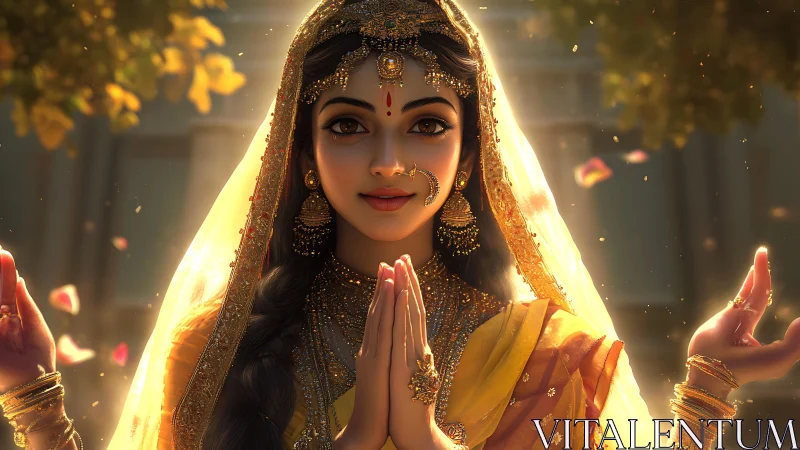 Graceful Indian woman glows in golden festive sunlight