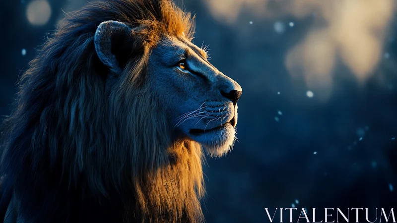 Lion profile in cinematic twilight glow, drifting snowflakes.