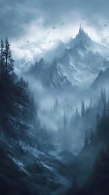 Jagged icy mountain peaks rise through swirling winter mist.