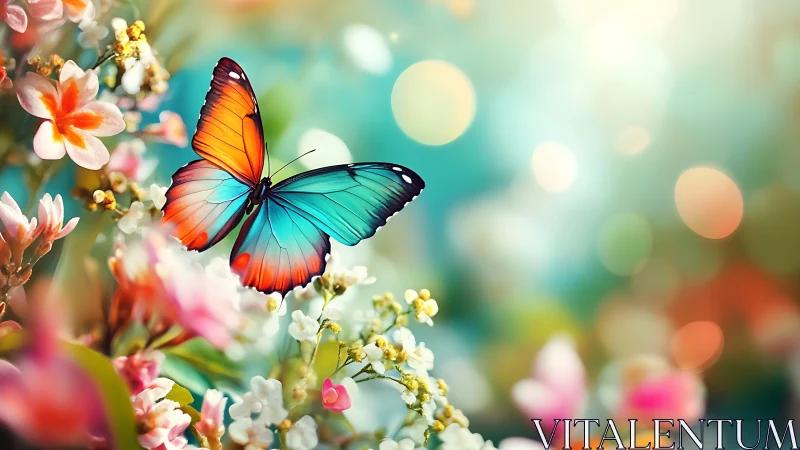 Vibrant blue butterfly hovers over glowing spring blossoms