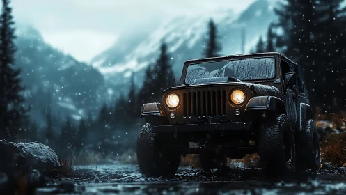 Off-road jeep powers through snowy alpine forest trail.