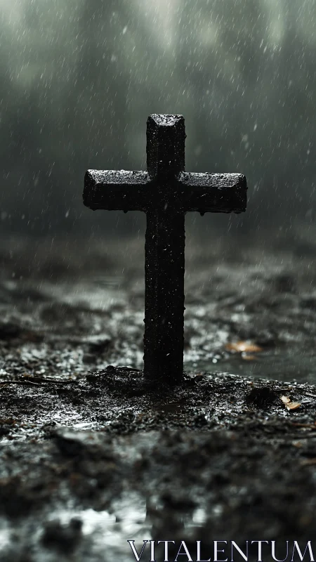 Rain-soaked graveyard cross quietly anchors the storm
