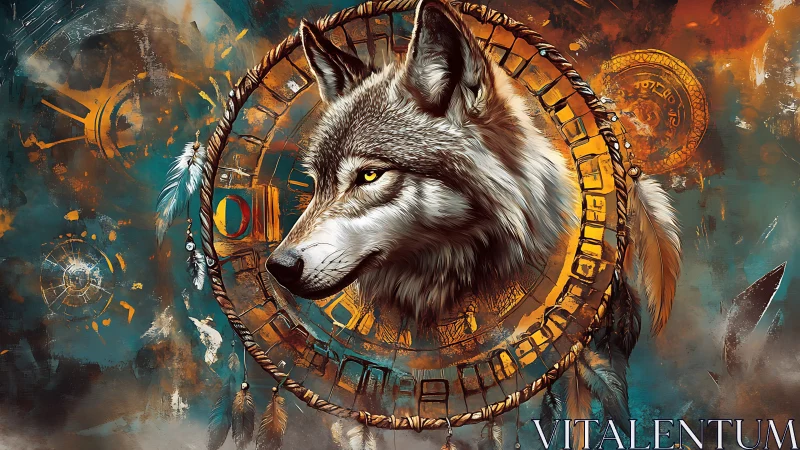 Lone astral wolf emerging through a shamanic dreamwheel.