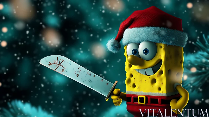 Holiday sponge character with festive blade in snowfall scene.