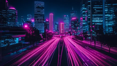 Neon magenta light trails slice through a cyberpunk night cityscape