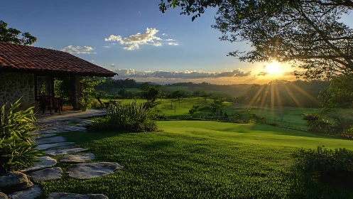 Sunlit rural veranda overlooking stratified green valley landscape.