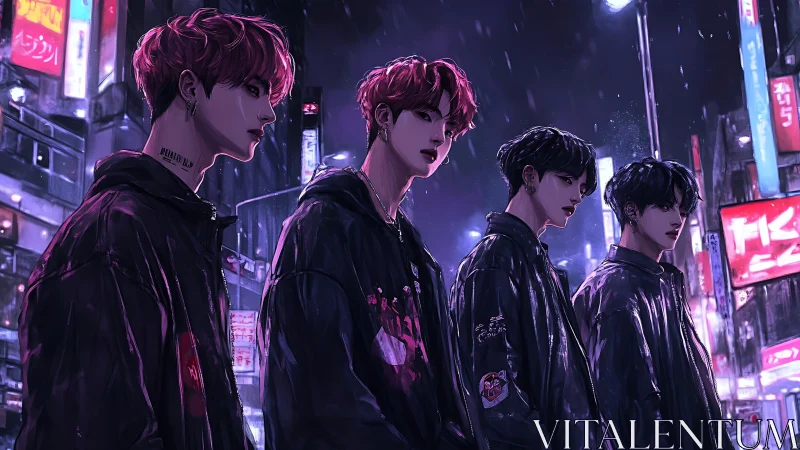 Cyberpunk street portrait of four youths in neon rainstorm.