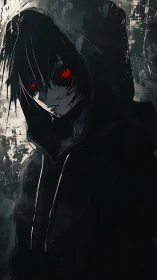 Hooded anime figure glows with haunting red eyes in shadow