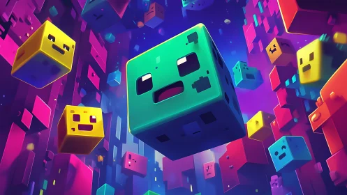 Colorful voxel creatures drift through neon digital canyon