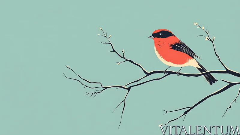 Minimalist illustration of red bird on branch with blue background.