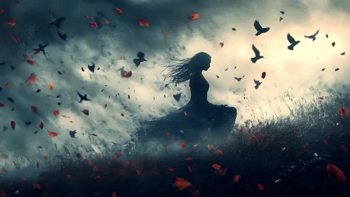 Silhouetted woman amid storm-tossed crows and petals in twilight