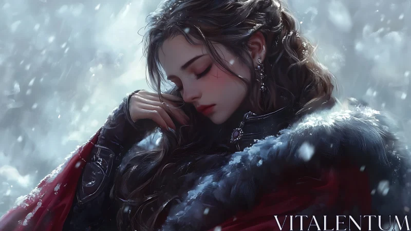 Snowbound warrior maiden resting beneath falling frost.
