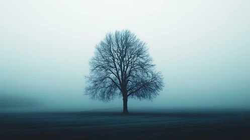 Solitary deciduous tree rendered in high-contrast winter fog