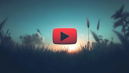 YouTube style play icon floats above stylized sunset field