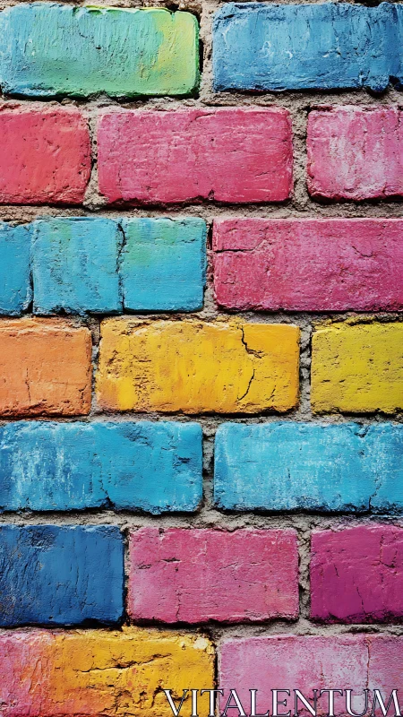 Colorful painted brick wall shows vivid textured masonry