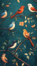 Digital painting of songbirds on teal botanical branches.
