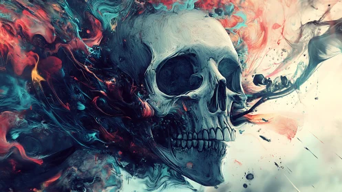 Surreal skull dissolves into swirling colored smoke and energy.