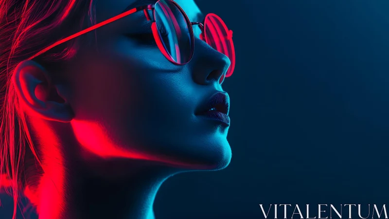 Profile of woman in neon lighting with sunglasses, futuristic style.