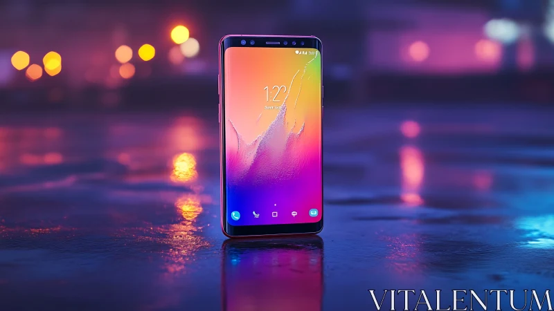 Modern Smartphone Glowing on Neon-Lit Surface at Night