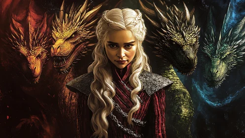 White-haired warrior stands before three large dragons