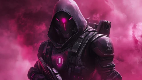 Neon magenta cyber assassin in tactical exosuit amid vapor clouds