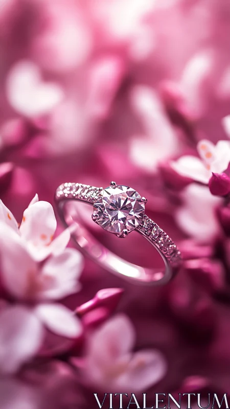 Diamond solitaire engagement ring in pink floral bokeh field.