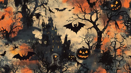 Haunted castle silhouette with bats, trees, and pumpkins.