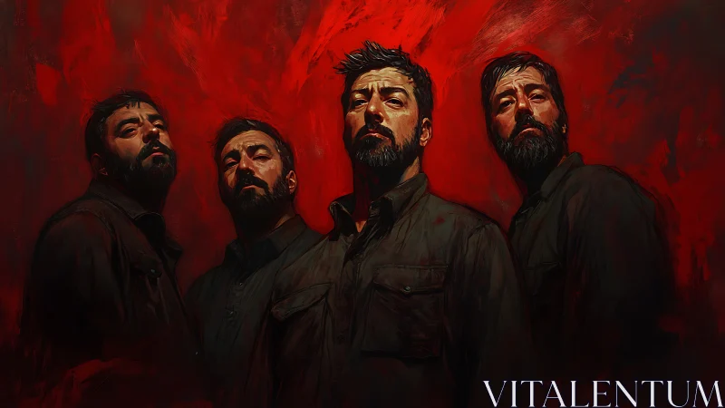 Four bold self-reflections framed in rich crimson light.