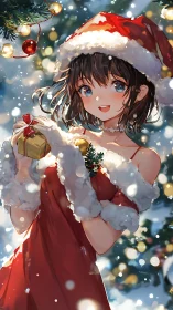 Anime girl in red Santa dress holds gift amid bokeh lights
