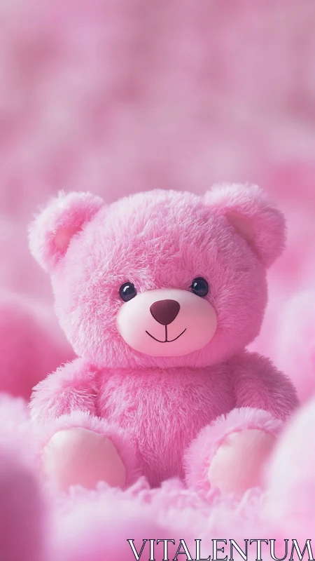 Pink plush teddy bear on soft blurred pastel background.