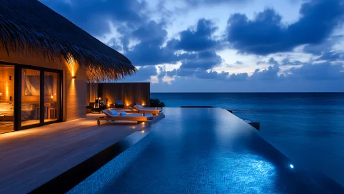 Oceanfront villa terrace overlooks illuminated infinity pool