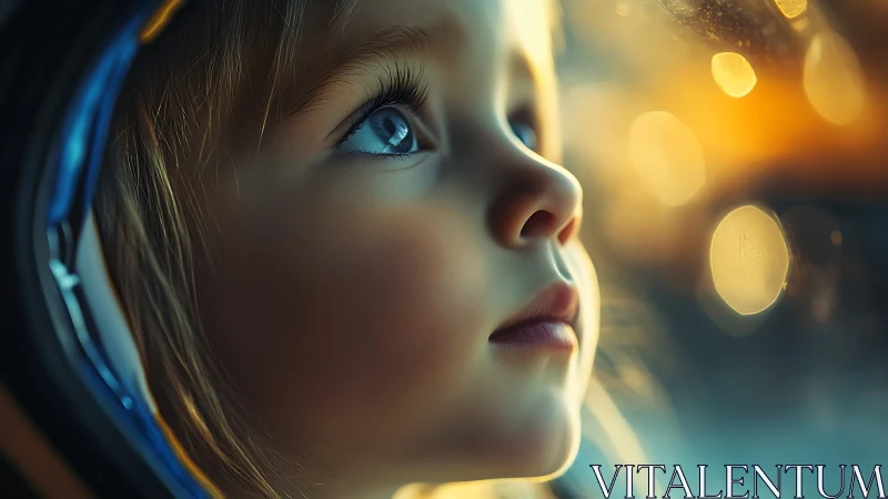 Girl's Profile Gaze: Luminous Blue Eyes Against Bokeh Lights.
