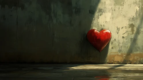 Red Heart Against Weathered Wall, Bathed Light